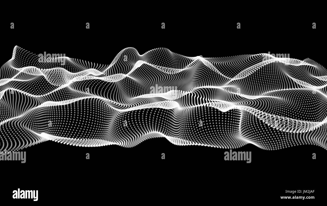 white abstract waves on black background - shape made of dots - isolated Stock Photo