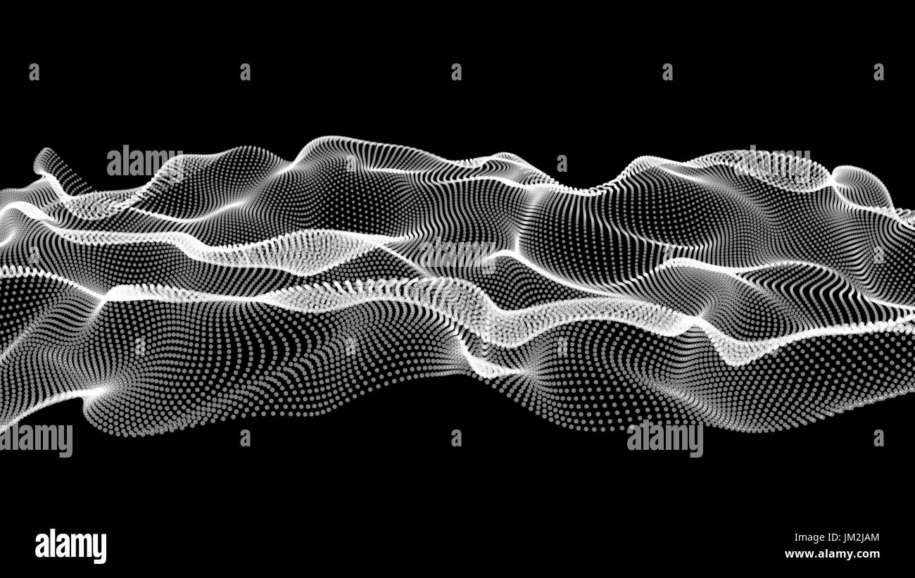 white abstract waves on black background - shape made of dots - isolated Stock Photo