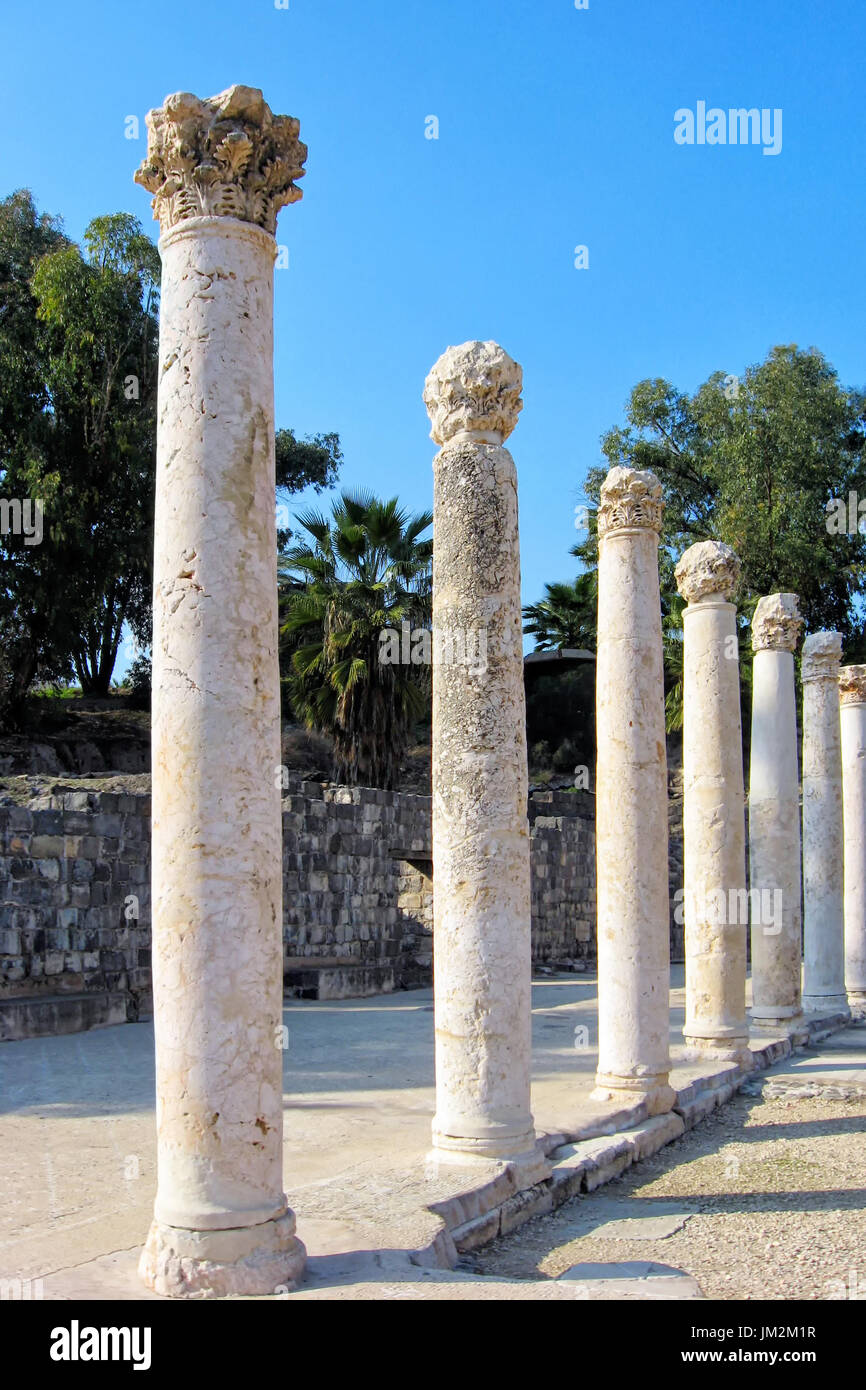 Roman ruin columns still stand in Beit She'an Israel. Stock Photo