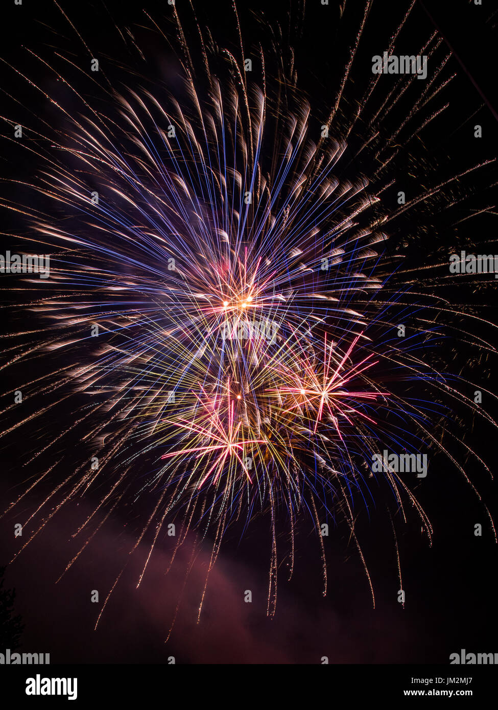 Vertical photo of red, blue, purple and orange fireworks exploding in the night sky Stock Photo