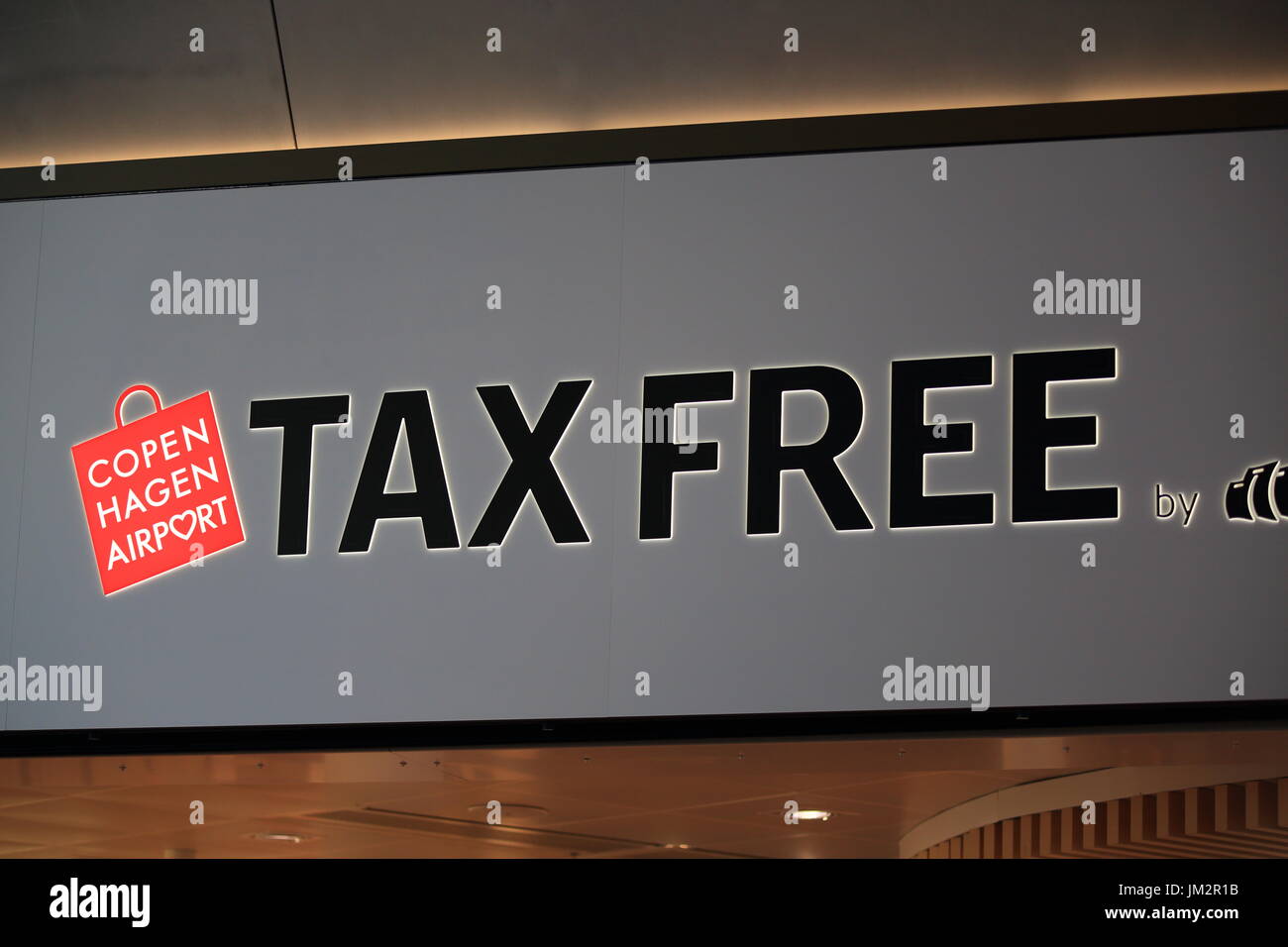 Copenhagen airport, Denmark - July 15, 2017: Tax free electronic sign in airport close-up. Stock Photo