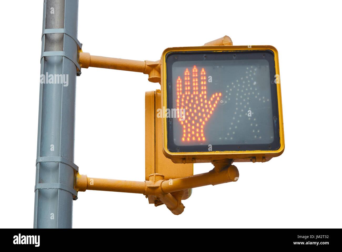 New York pedestrian traffic light with red hand isolated on white with