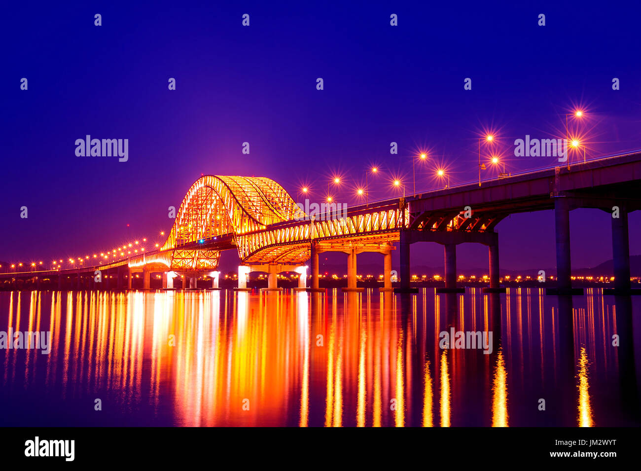 Banghwa bridge at night in Seoul,Korea Stock Photo