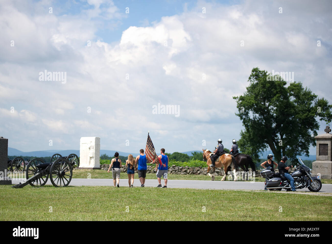 Visitors at the site of Monument to Major General George Gordon Meade, ahead of a patriotic free speech rally at Gettysburg National Military Park in  Stock Photo