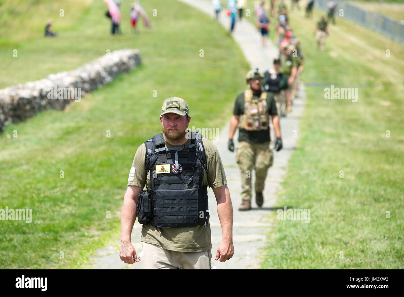 Member of an local militia patrols as patriotic groups assemble for a free speech rally at Gettysburg National Military Park in Gettysburg, Pennsylvan Stock Photo