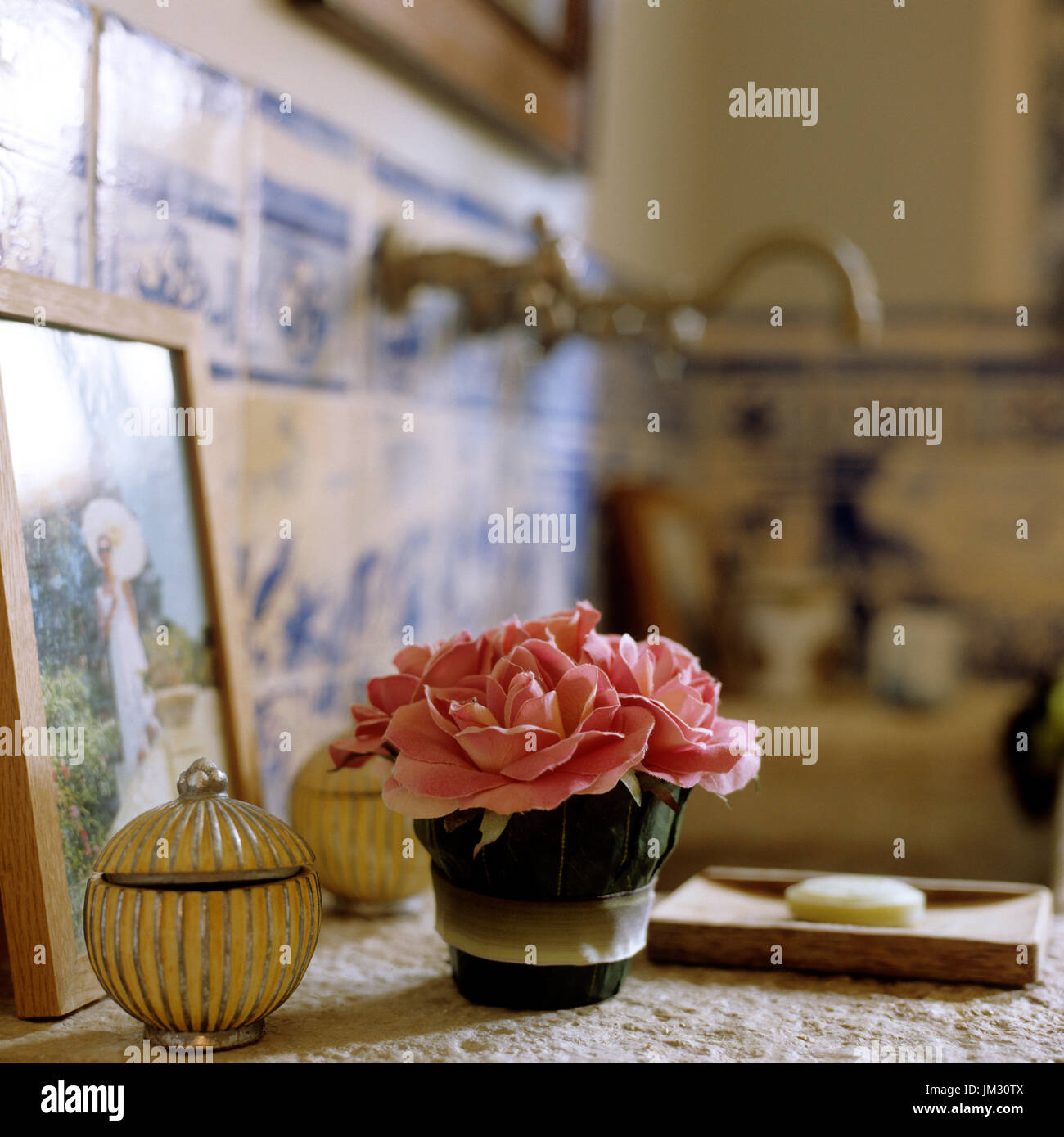 Decorations on table in bathroom Stock Photo Alamy