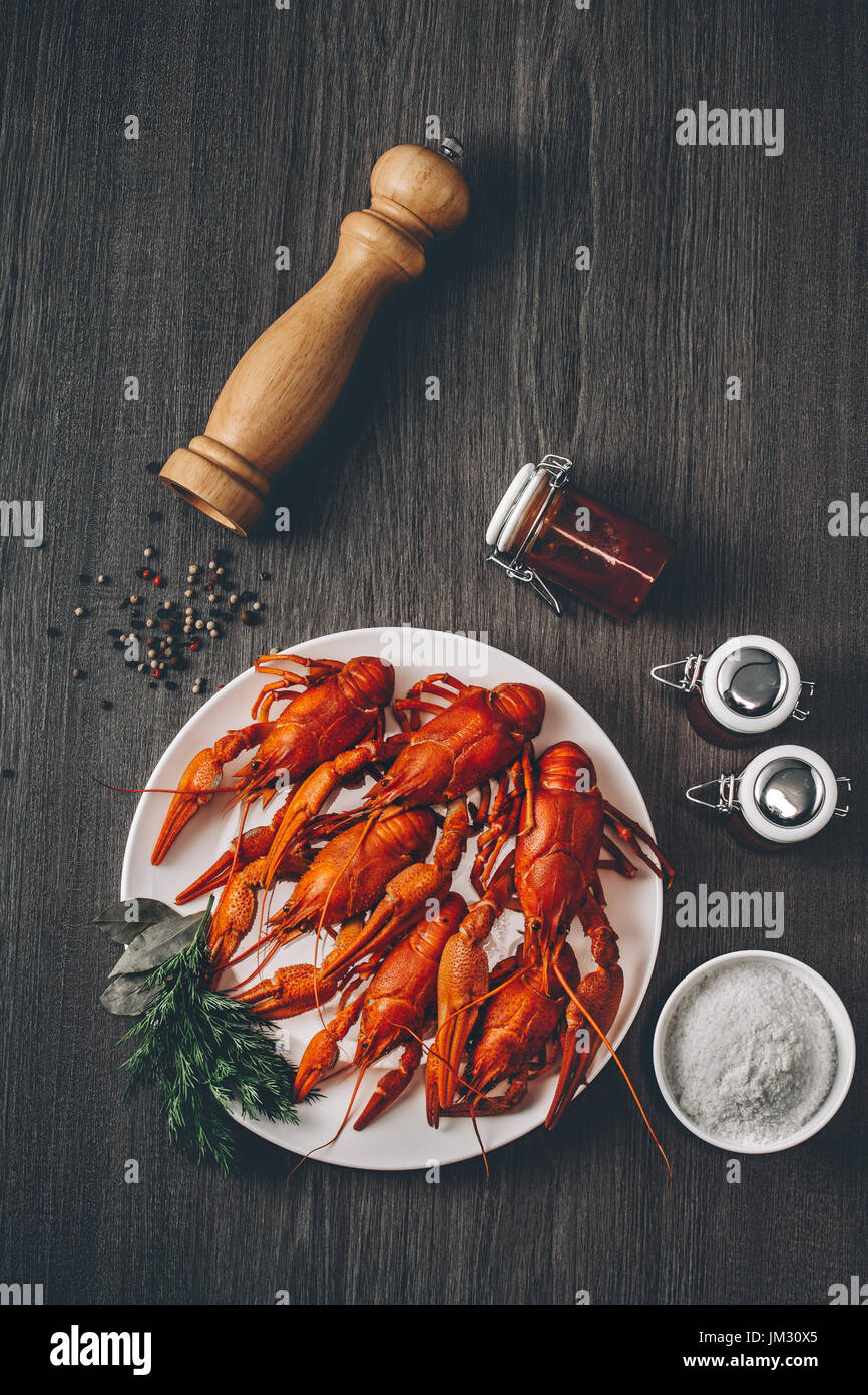 Boiled big red fresh crayfish in white plate with green herbs. Stock Photo