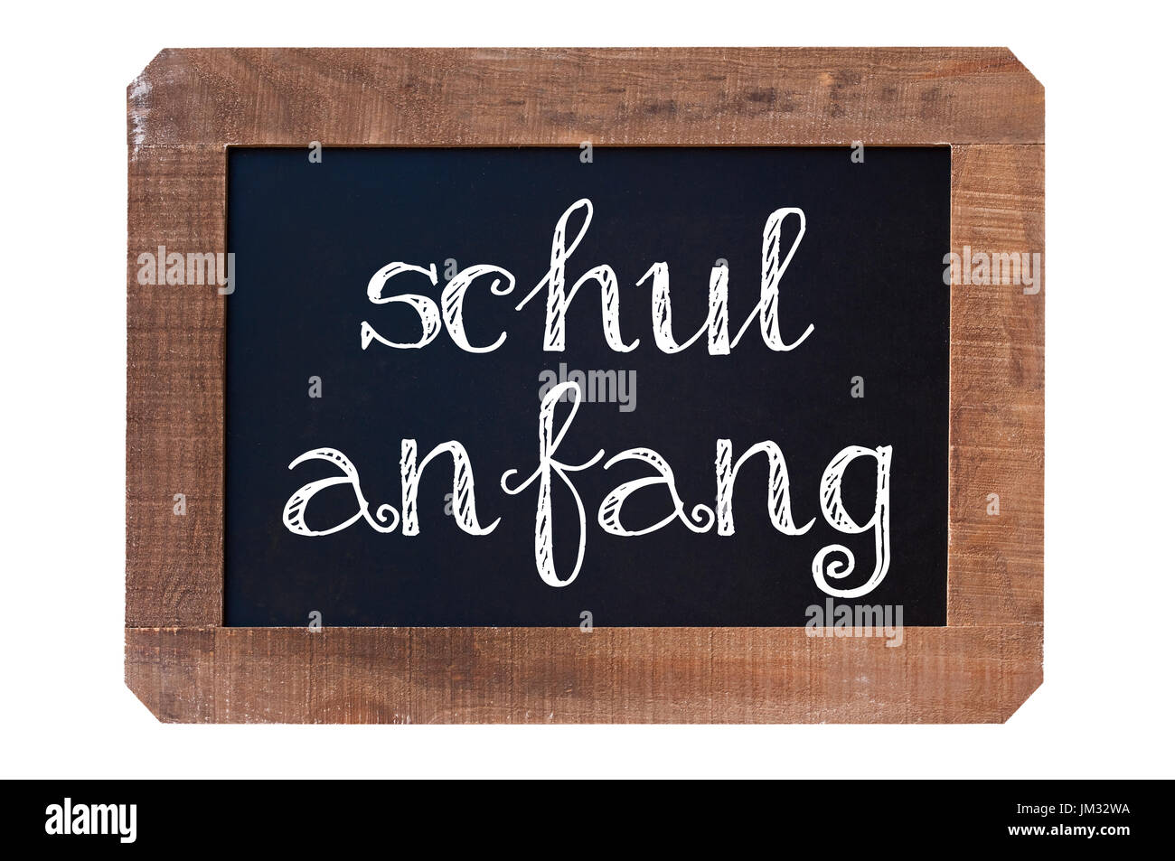 Schulanfang (meaning Back to school) written on a vintage blackboard with wooden frame isolated on white background Stock Photo