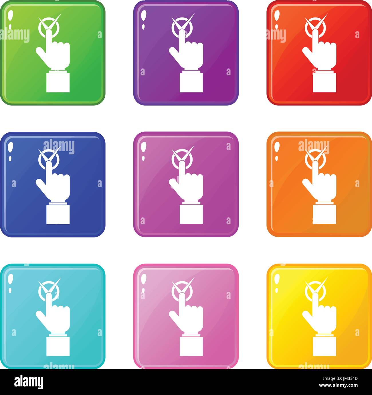Hand finger pressing button with tick set 9 Stock Vector