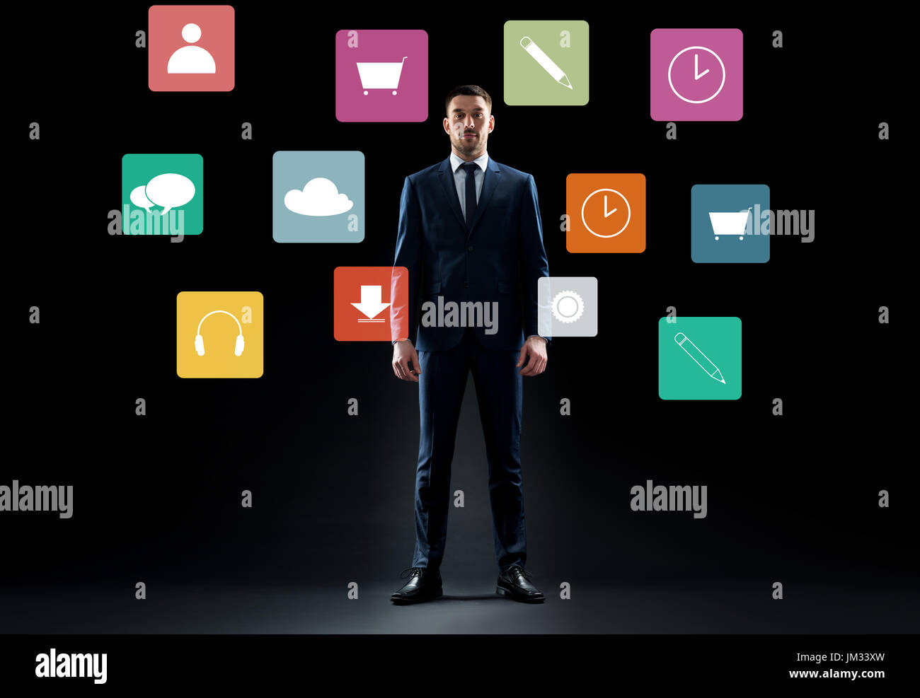 businessman in suit over virtual menu icons Stock Photo
