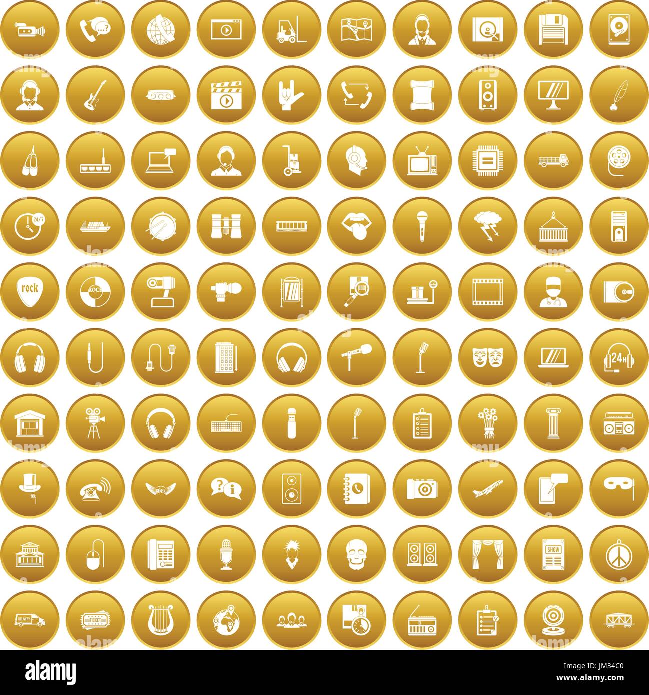 100 microphone icons set gold Stock Vector