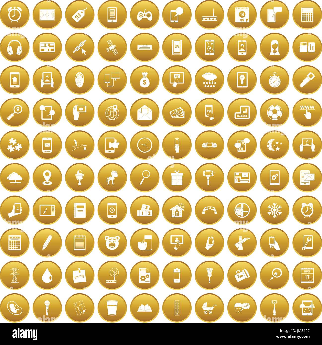 100 mobile app icons set gold Stock Vector