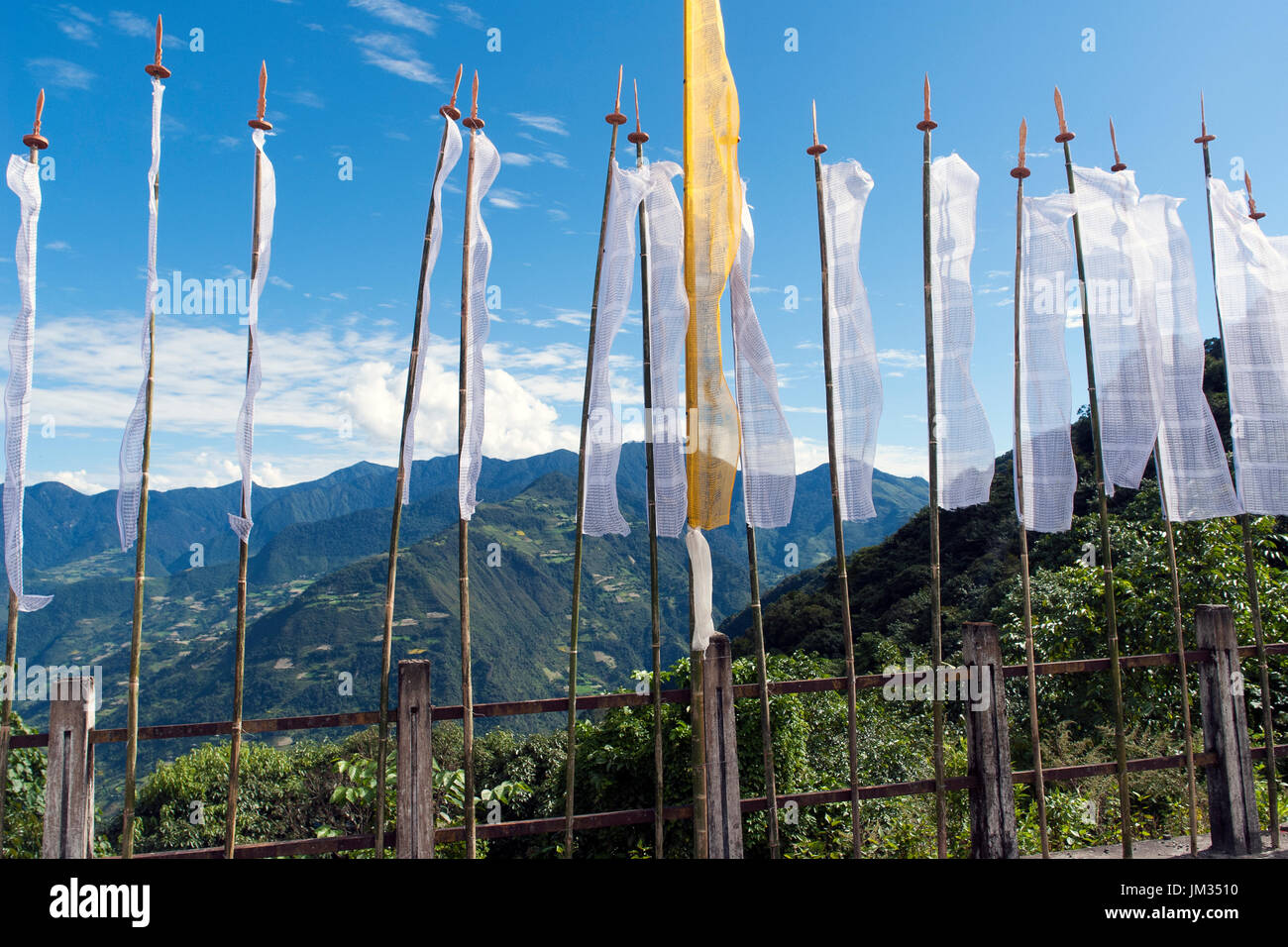 Buddhist Prayer Flags with moutains background - Bhutan Stock Photo