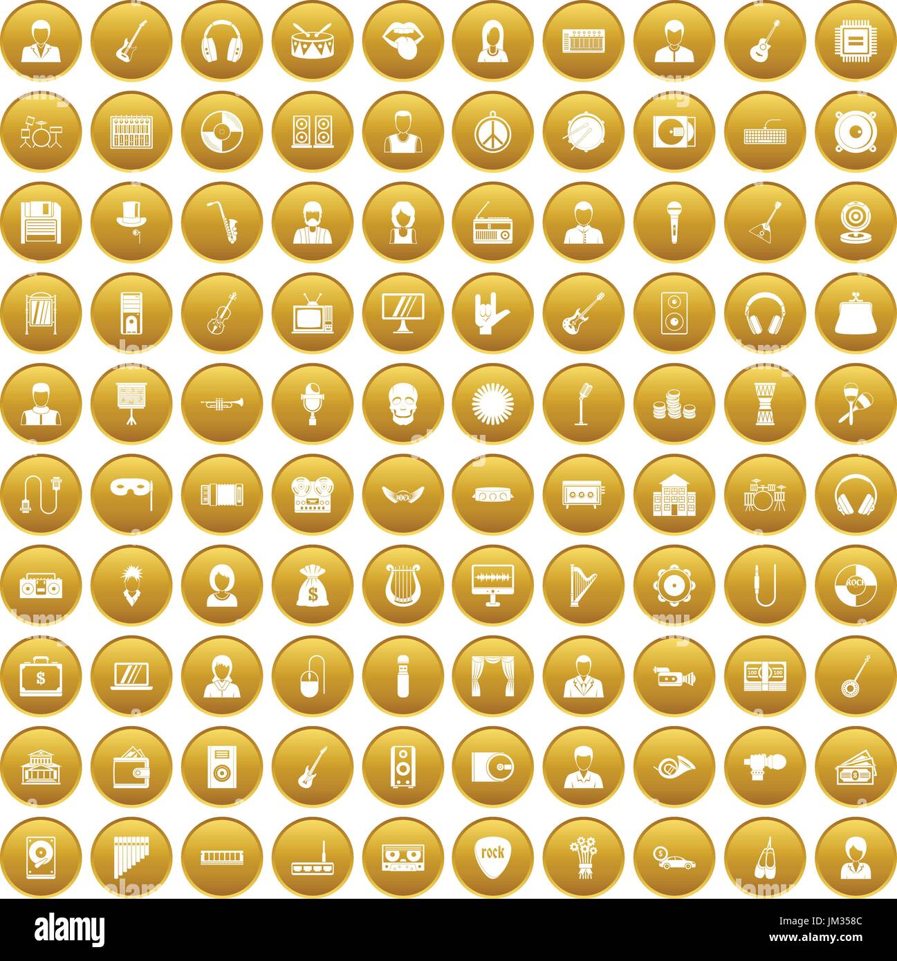 100 music icons set gold Stock Vector