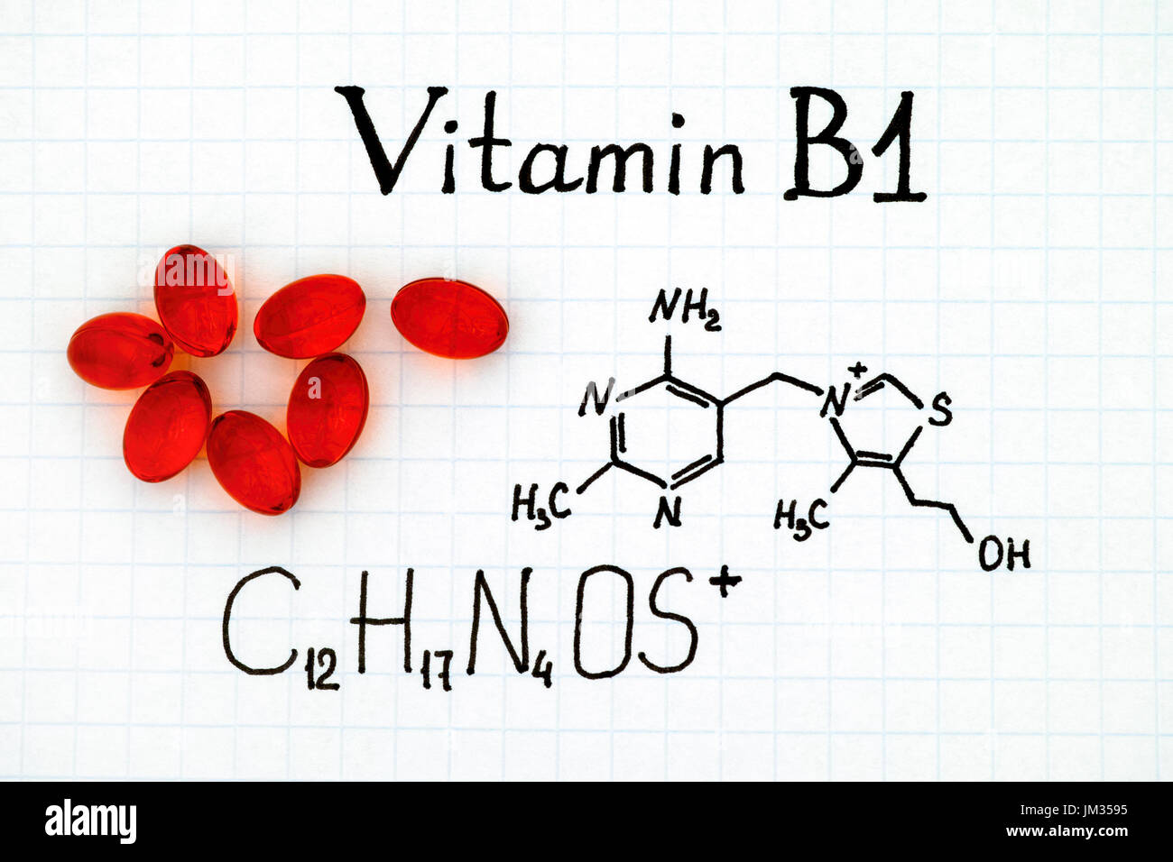 Chemical formula of Vitamin B1 and red pills Stock Photo Alamy