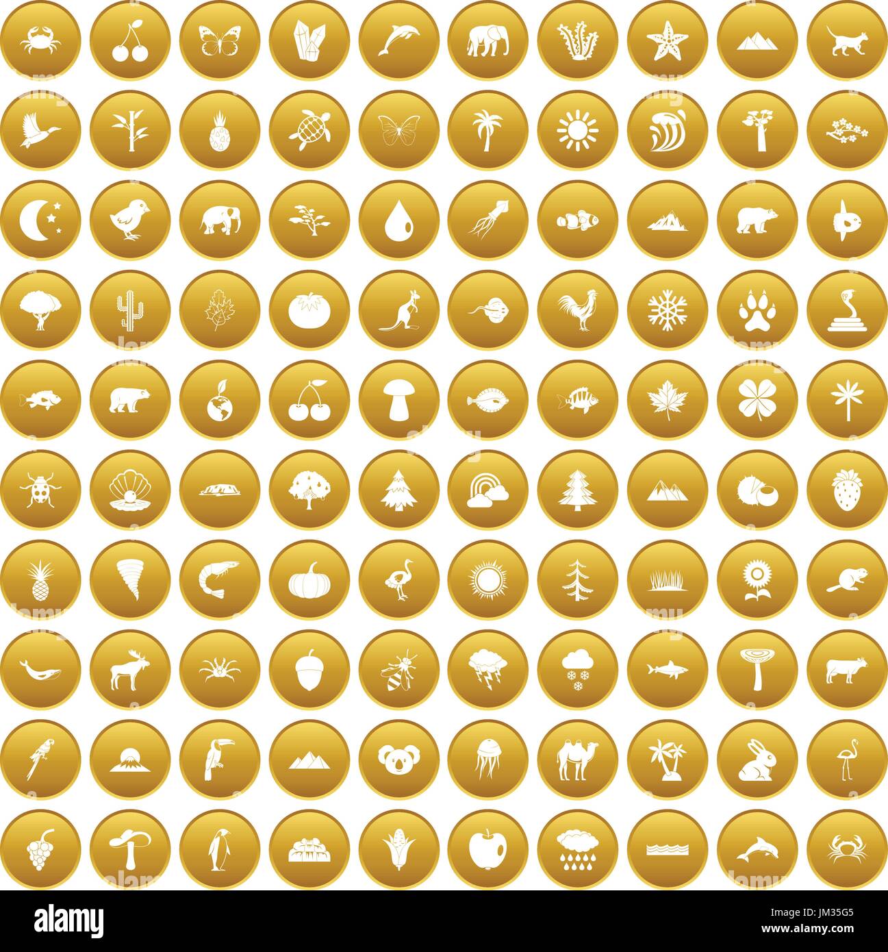 100 nature icons set gold Stock Vector