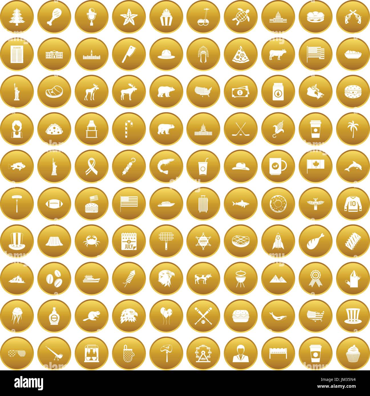 100 North America icons set gold Stock Vector