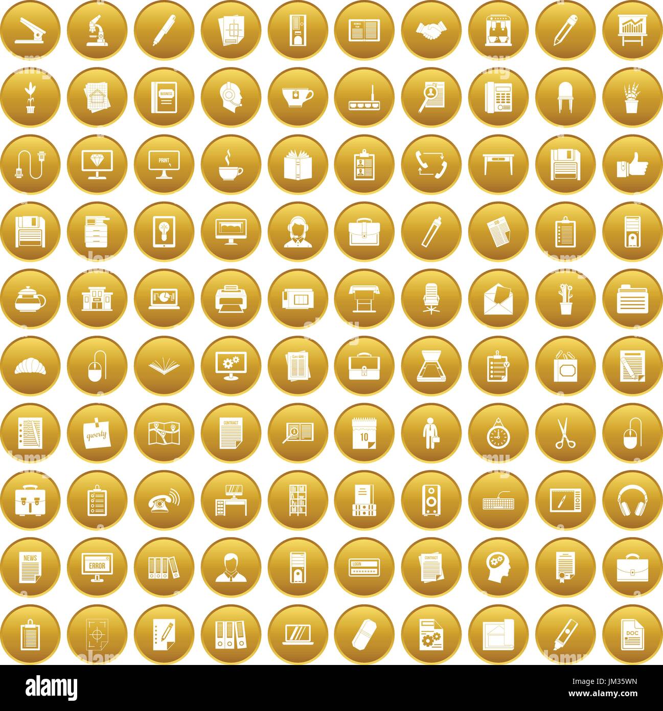 100 office icons set gold Stock Vector