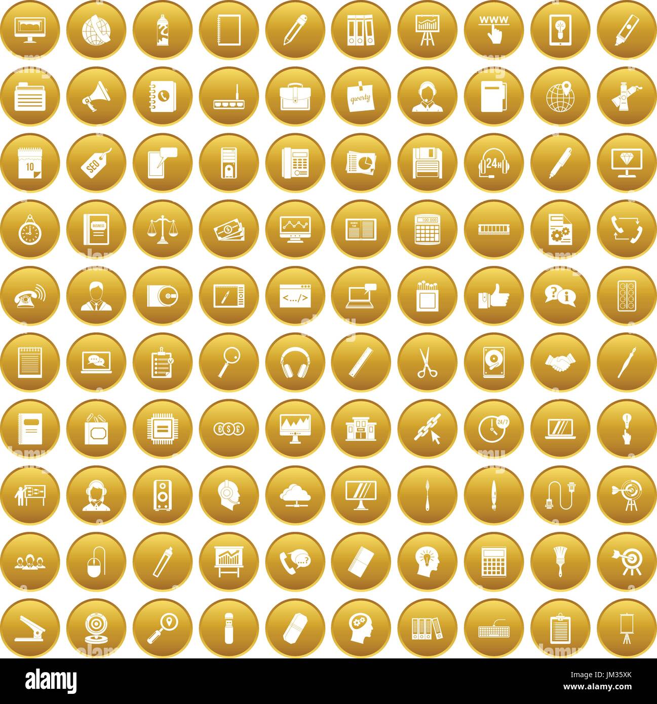 100 office work icons set gold Stock Vector