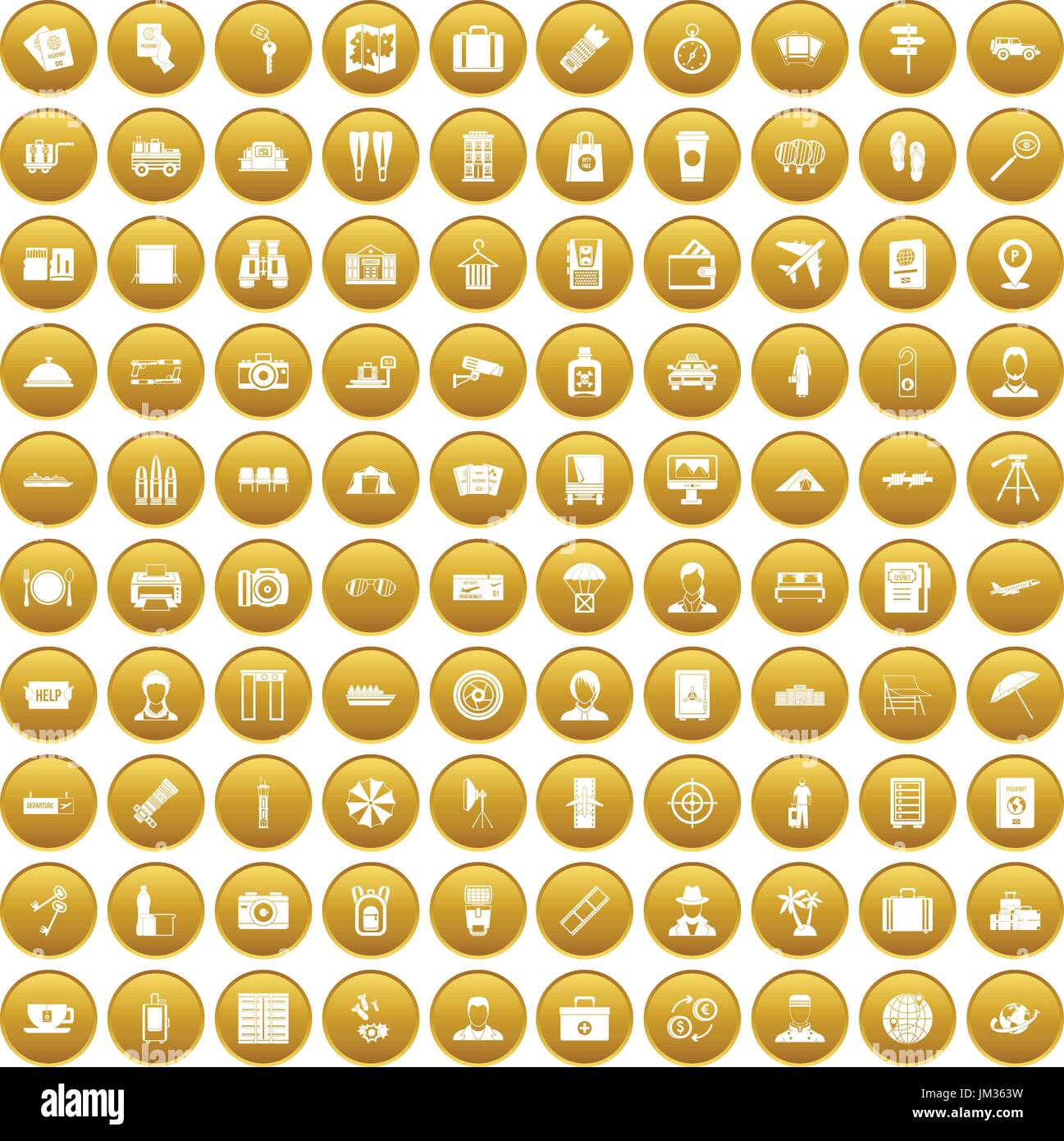 100 passport icons set gold Stock Vector