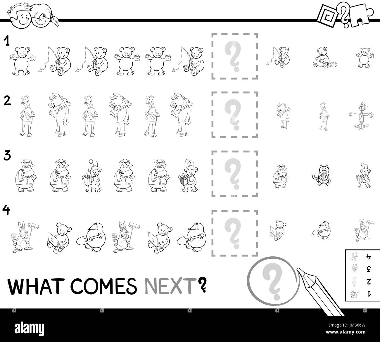 Black and White Cartoon Illustration of Completing the Pattern ...