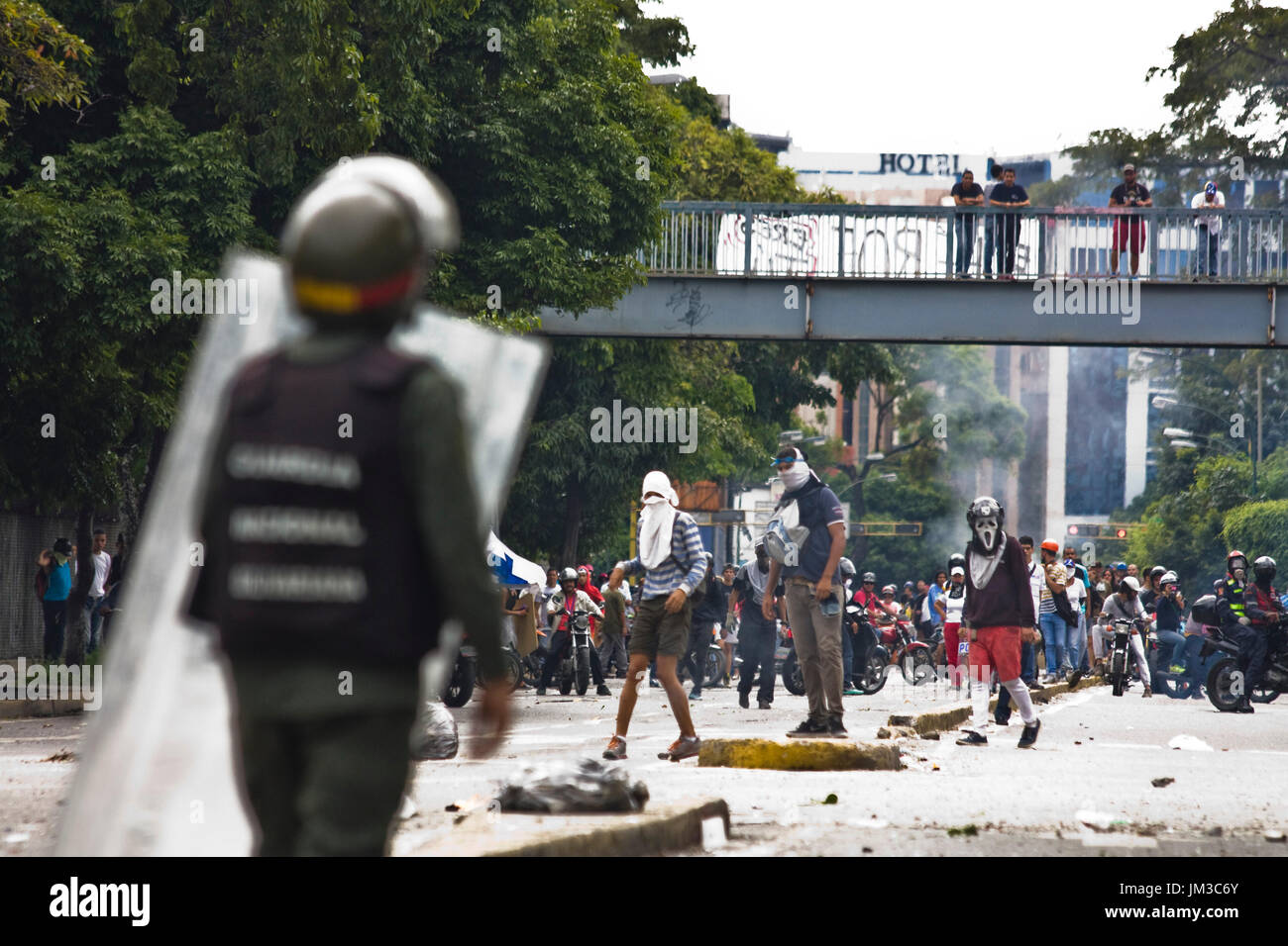 Demonstrators clashed with the Bolivarian National Guard during a protest against the government of Nicolás Maduro. Stock Photo