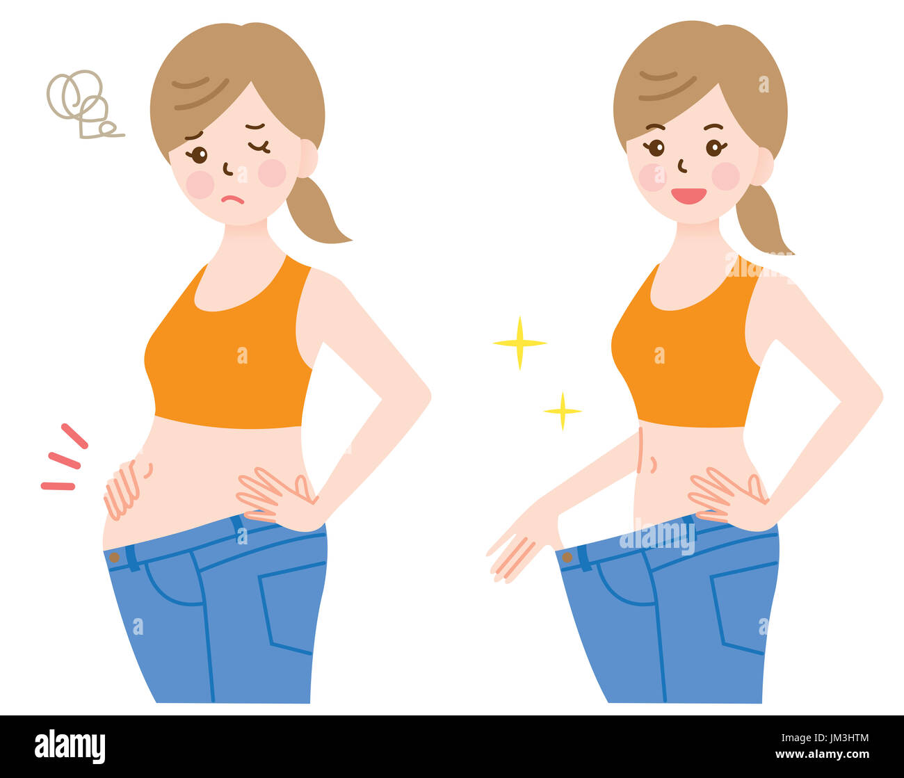 woman with fat abdomen in blue jeans and slim woman in loose jeans showing  successful weight loss Stock Photo - Alamy