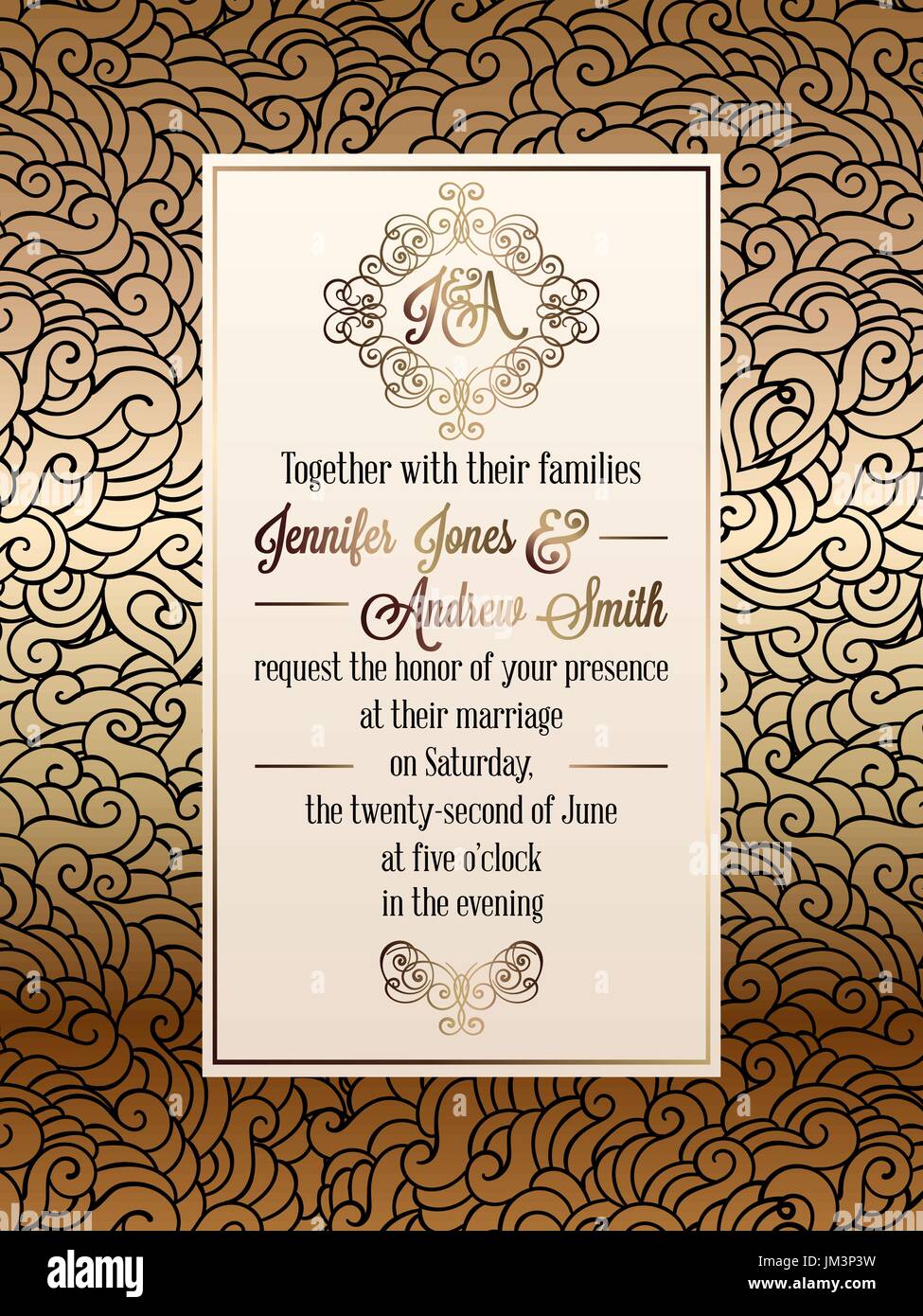 Vintage baroque style wedding invitation card template.. Elegant formal design with damask background, traditional decoration for wedding , gold and b Stock Vector