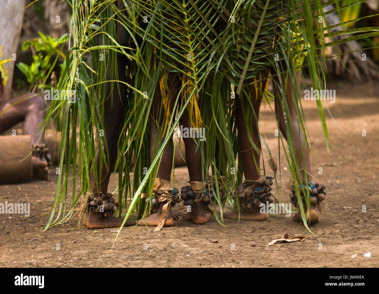 Small Nambas children covered with palm leaves dancing in front of slit gong drums during the palm tree dance, Malekula island, Gortiengser, Vanuatu Stock Photo