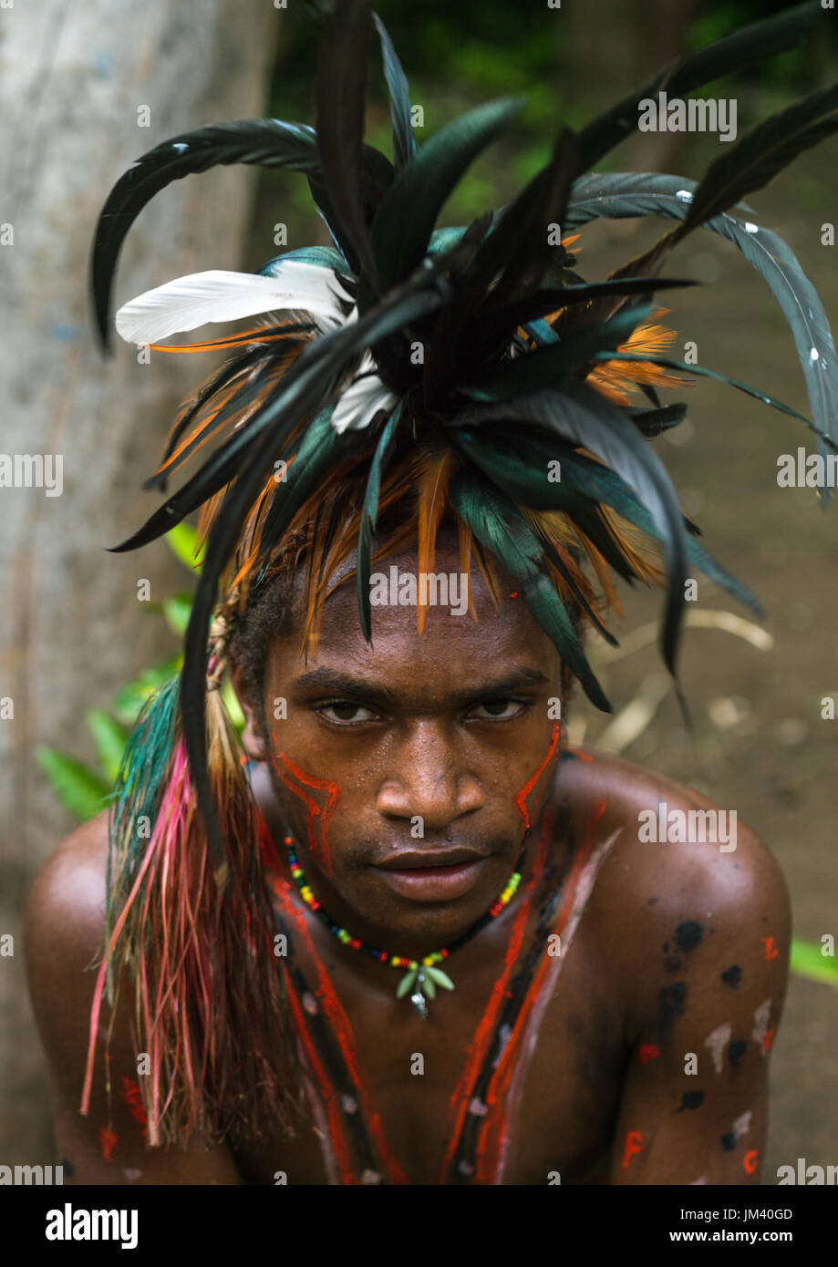 Portrait of a Small Nambas tribesman with feathers in the hair, Malekula island, Gortiengser, Vanuatu Stock Photo