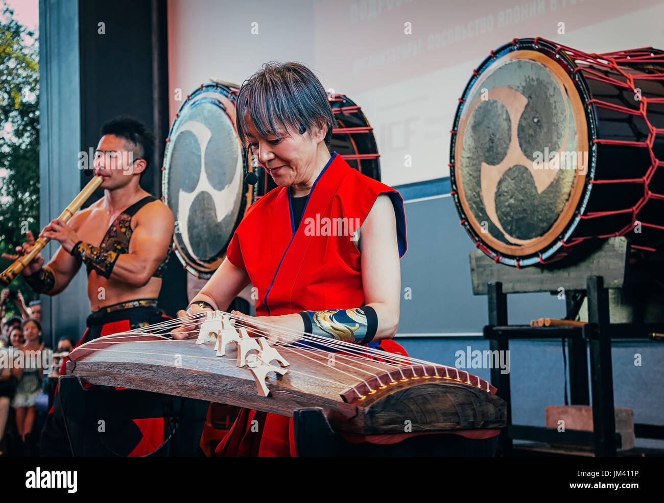 Moscow, Russia July 16, 2017 Musicians ASKAGUMI play the taiko