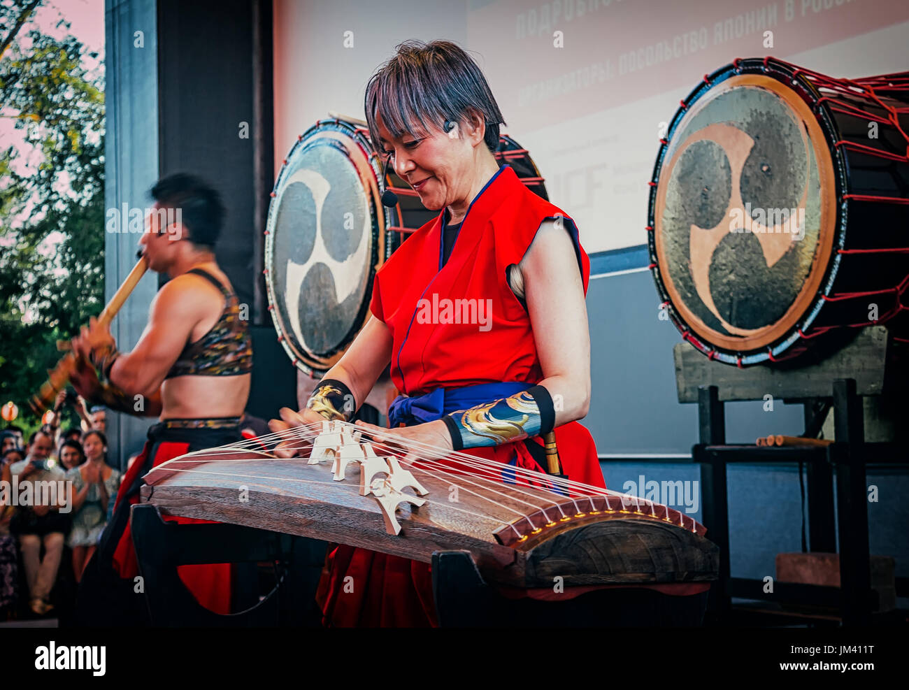 Moscow, Russia July 16, 2017 Musicians ASKAGUMI play the taiko