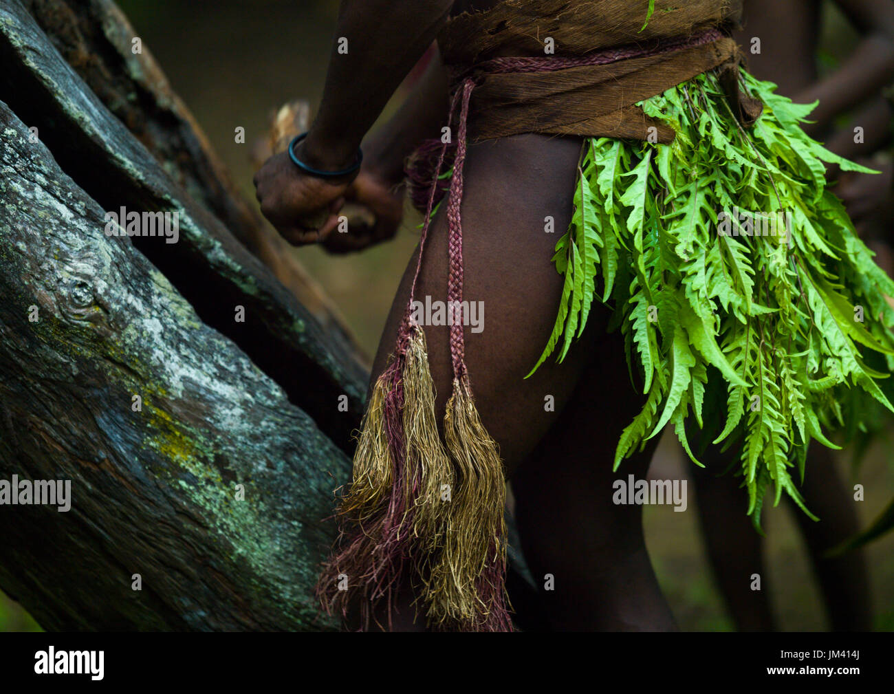 Big Nambas tribesman beating a slit drum during a ceremony, Malampa Province, Malekula Island, Vanuatu Stock Photo