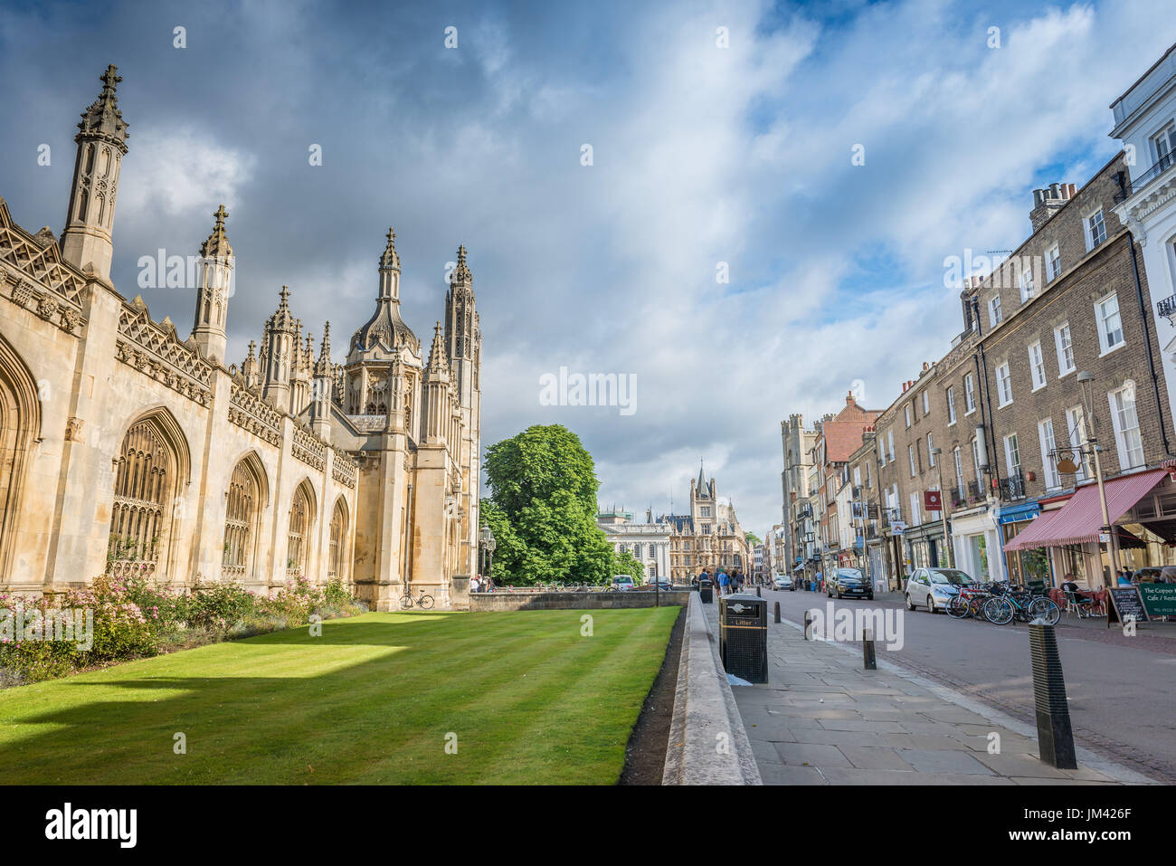 A landscape looking view down King's Parade road in Cambridge city centre with King College on the left, Cambridge, Cambridgeshire, UK Stock Photo