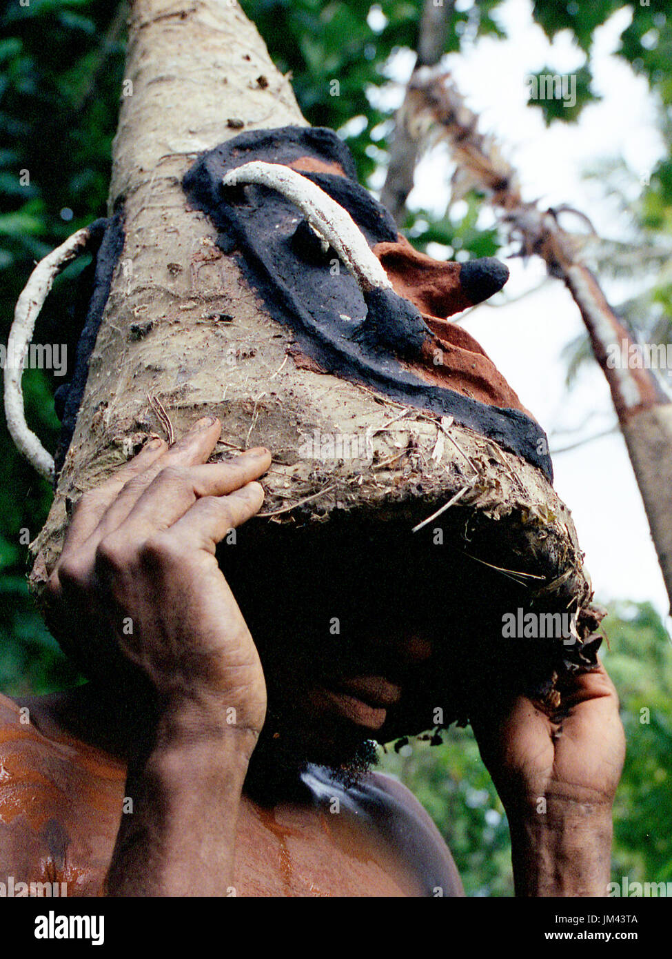 Tribesmen dancing in the jungle with helmet masks for a circumcision ceremony, Malampa Province, Malekula island, Vanuatu Stock Photo