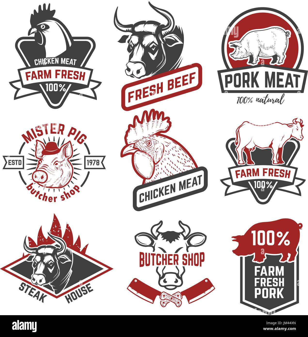 Beef, chicken, pork meat labels on white background. Design elements