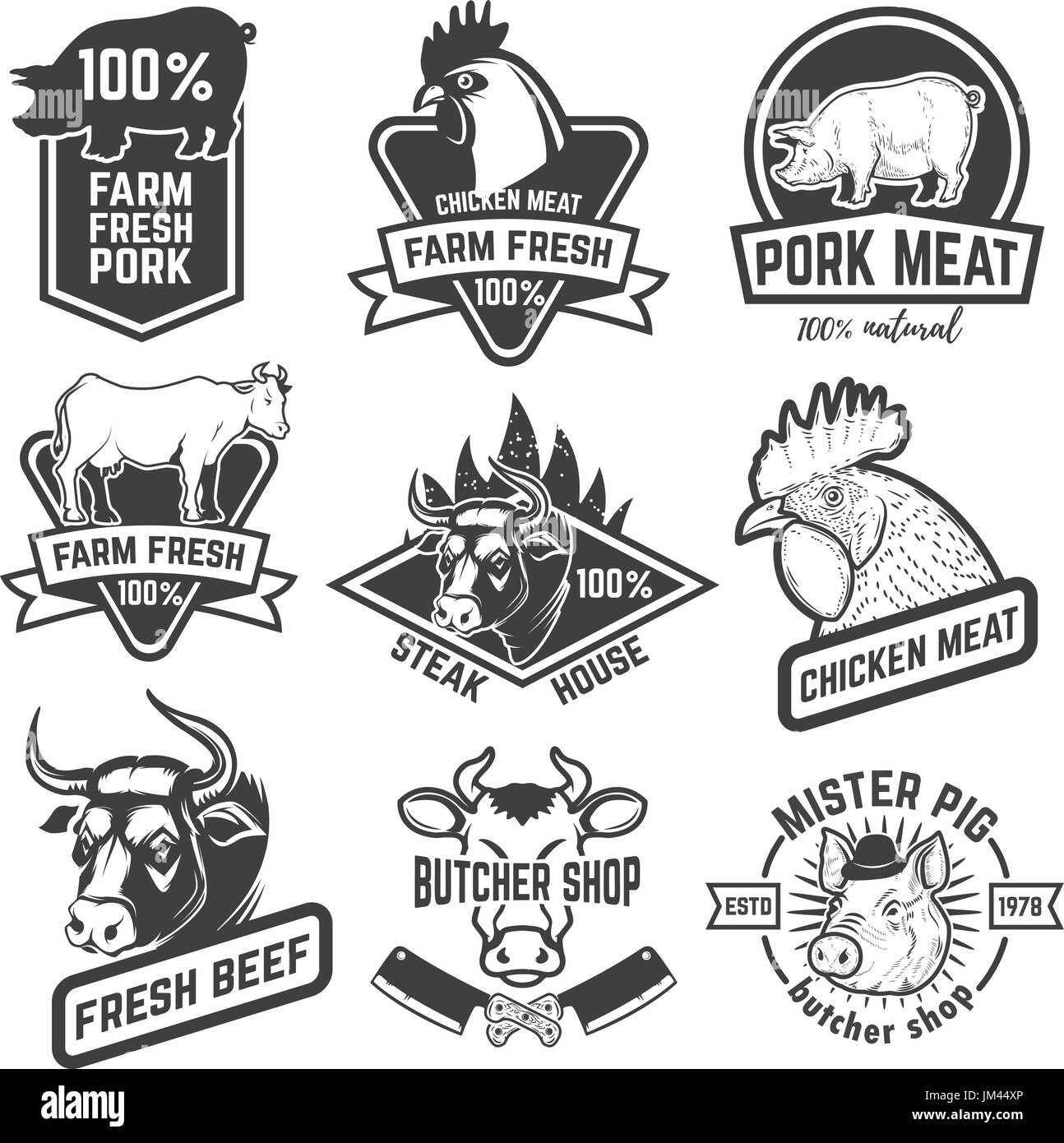 Beef, chicken, pork meat labels. Butchery. Design elements for logo