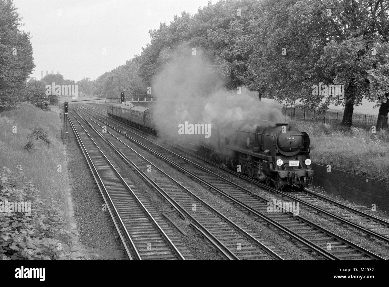 original british rail steam locomotive number 35028 clan line at wareham england uk 1960s Stock Photo