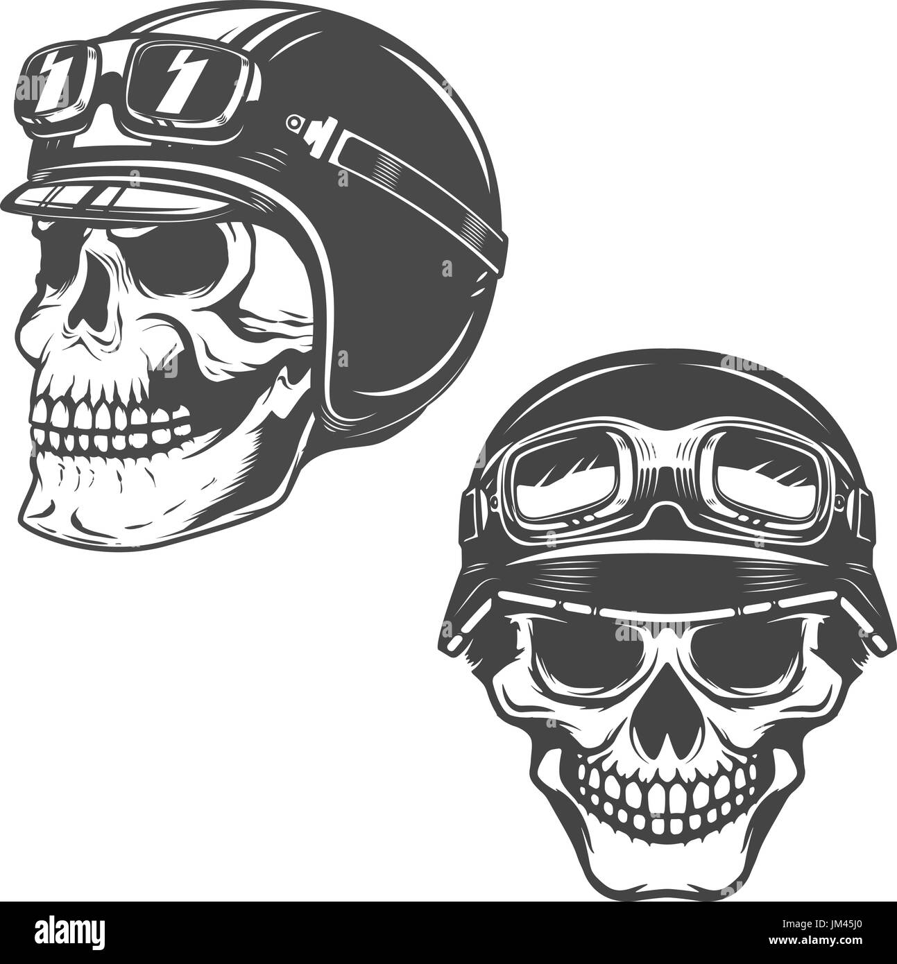 Set of racer skulls isolated on white background. Design elements for logo, label, emblem, poster, t-shirt. Vector illustration. Stock Vector