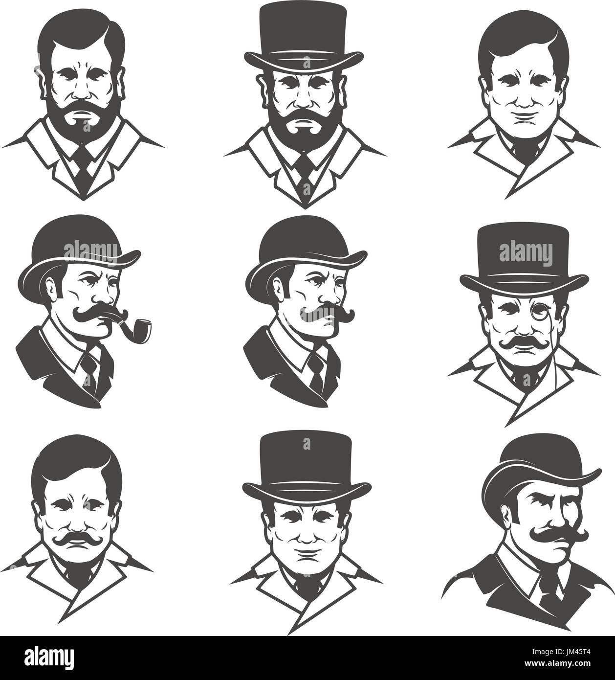set of gentleman's heads isolated on white background . Design elements for logo, label, emblem, poster, t-shirt. Vector illustration. Stock Vector