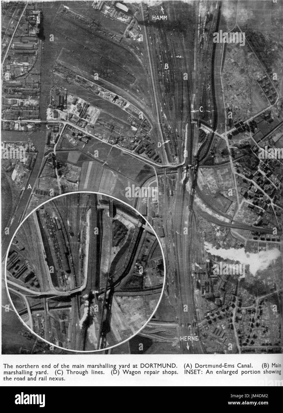 DORTMUND, Germany. RAF reconnaissance photo of main railway marshalling yard in April 1942 Stock Photo