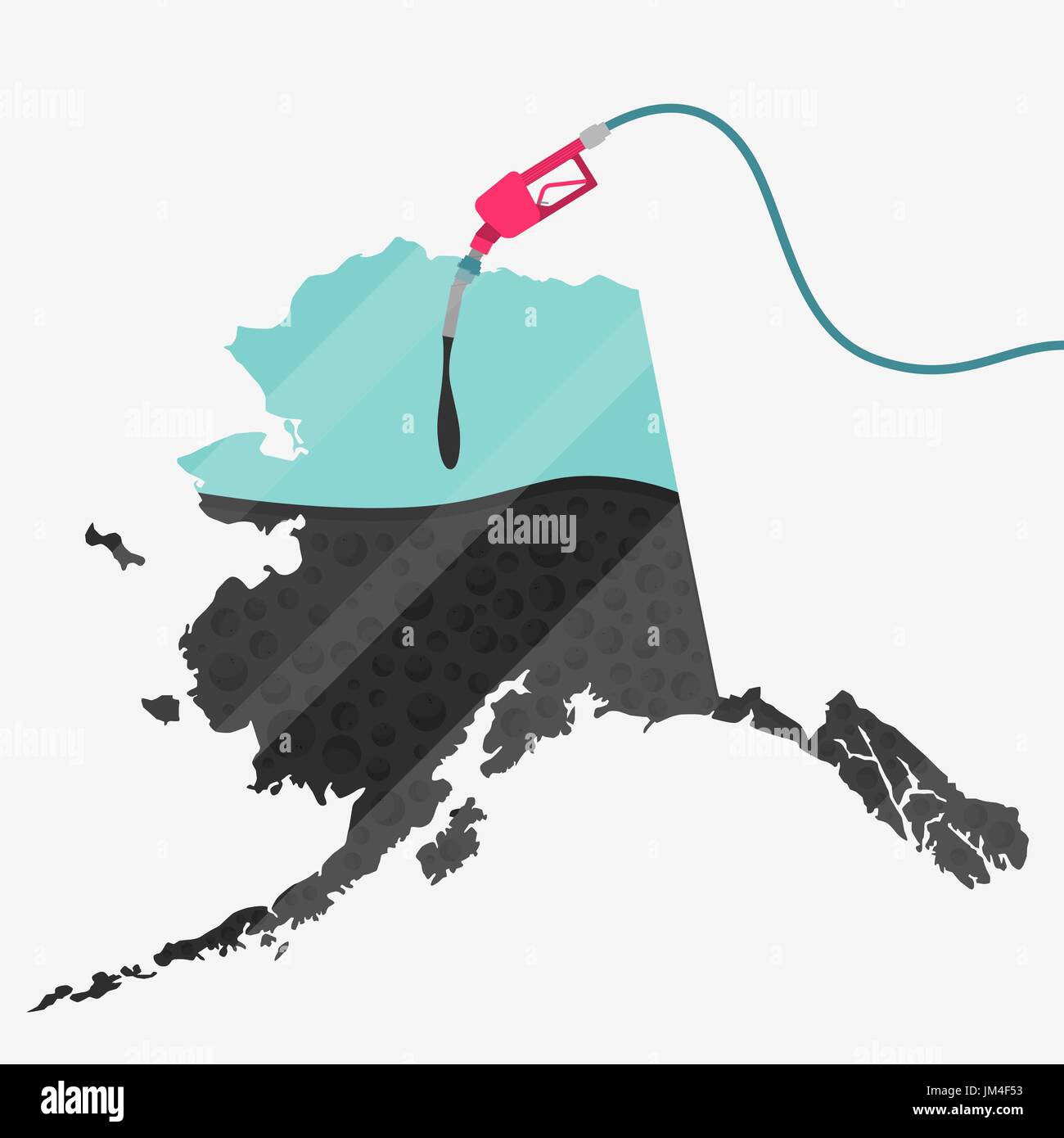 Map of Alaska being fueled by oil. Gas pump fueled map. On the map there is glass reflection. Conceptual. Oil producing or importing countries. Stock Vector