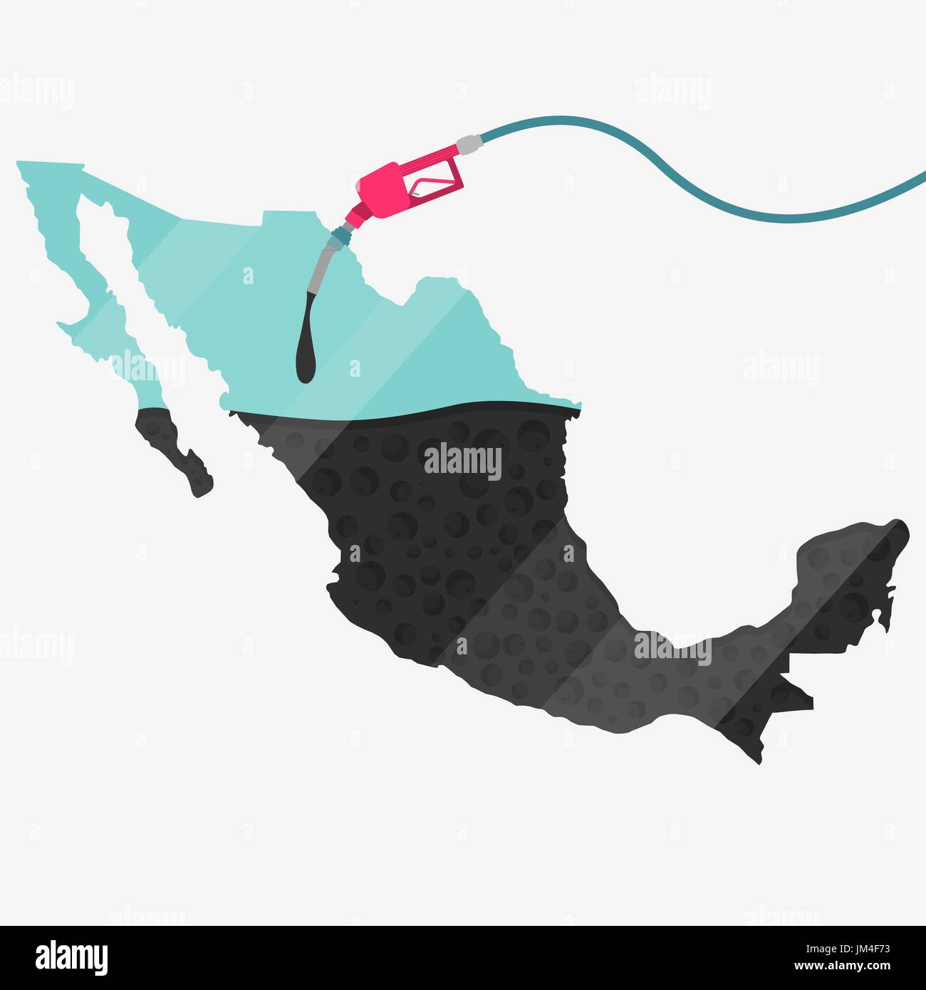 Map of Mexico being fueled by oil. Gas pump fueled map. On the map there is glass reflection. Conceptual. Oil producing or importing countries. Stock Vector