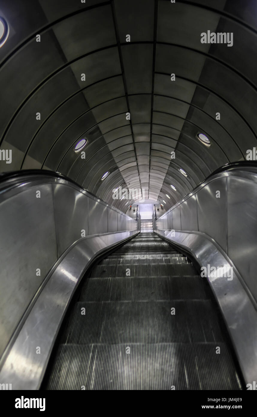 Empty escalator on the London underground, looking down. Stock Photo