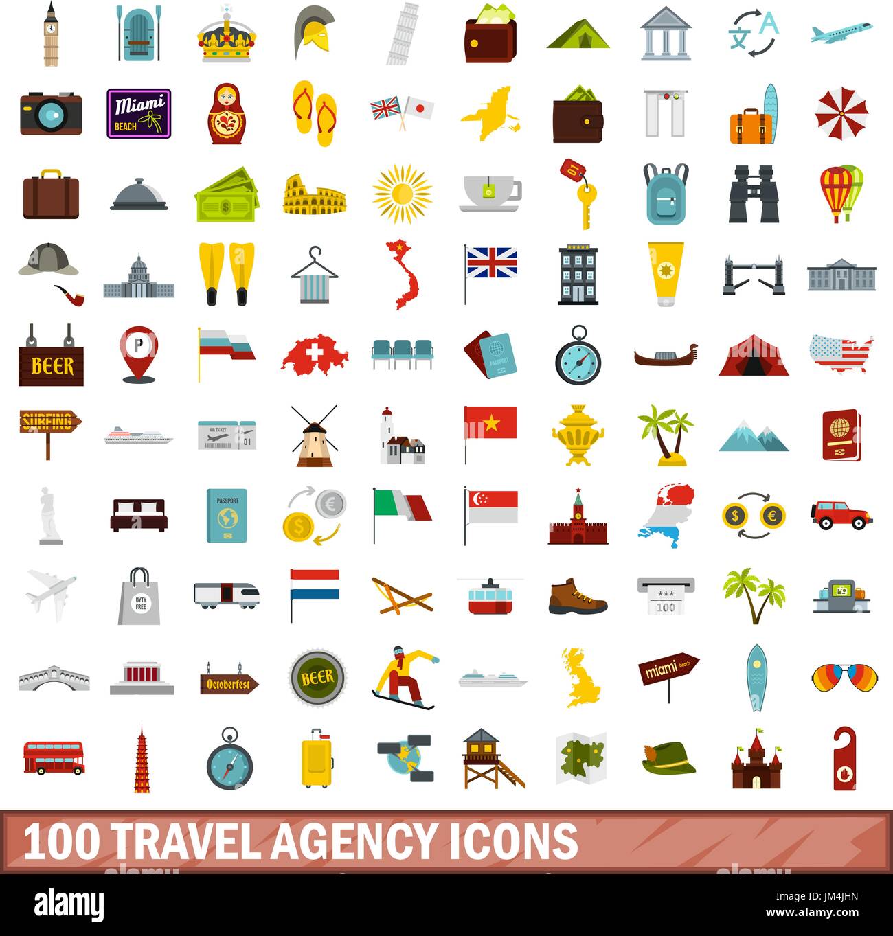 100 travel agency icons set, flat style Stock Vector