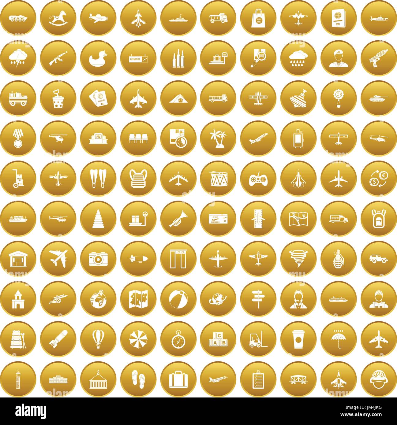 100 plane icons set gold Stock Vector