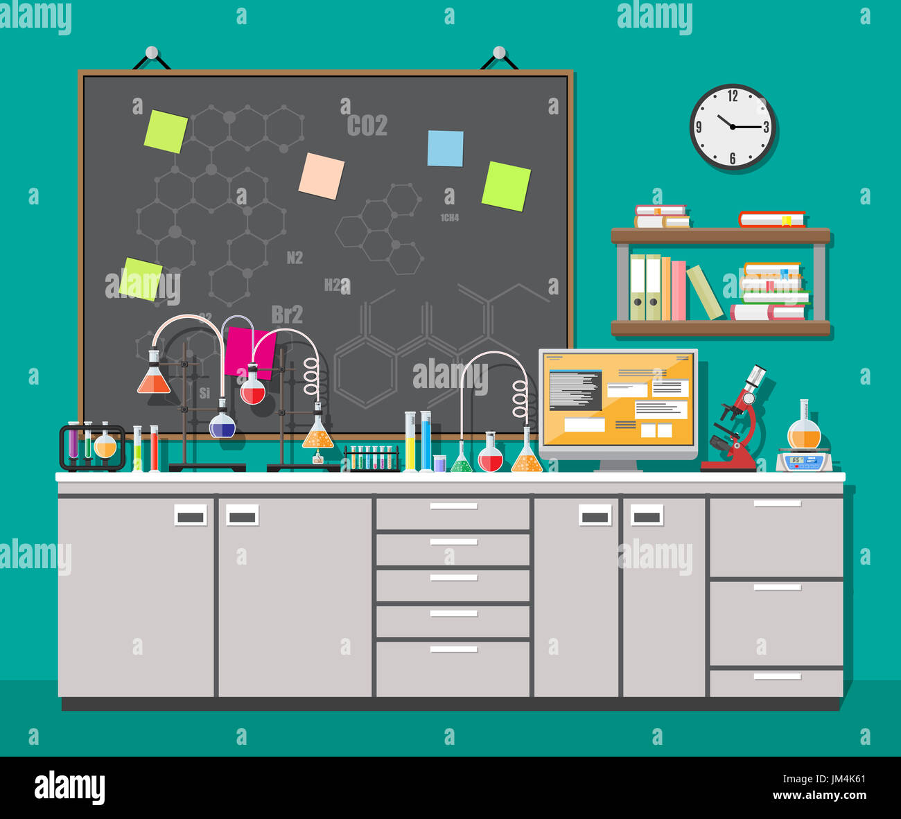 Laboratory equipment, jars, beakers, flasks, microscope, scales, spirit lamp on table. Computer