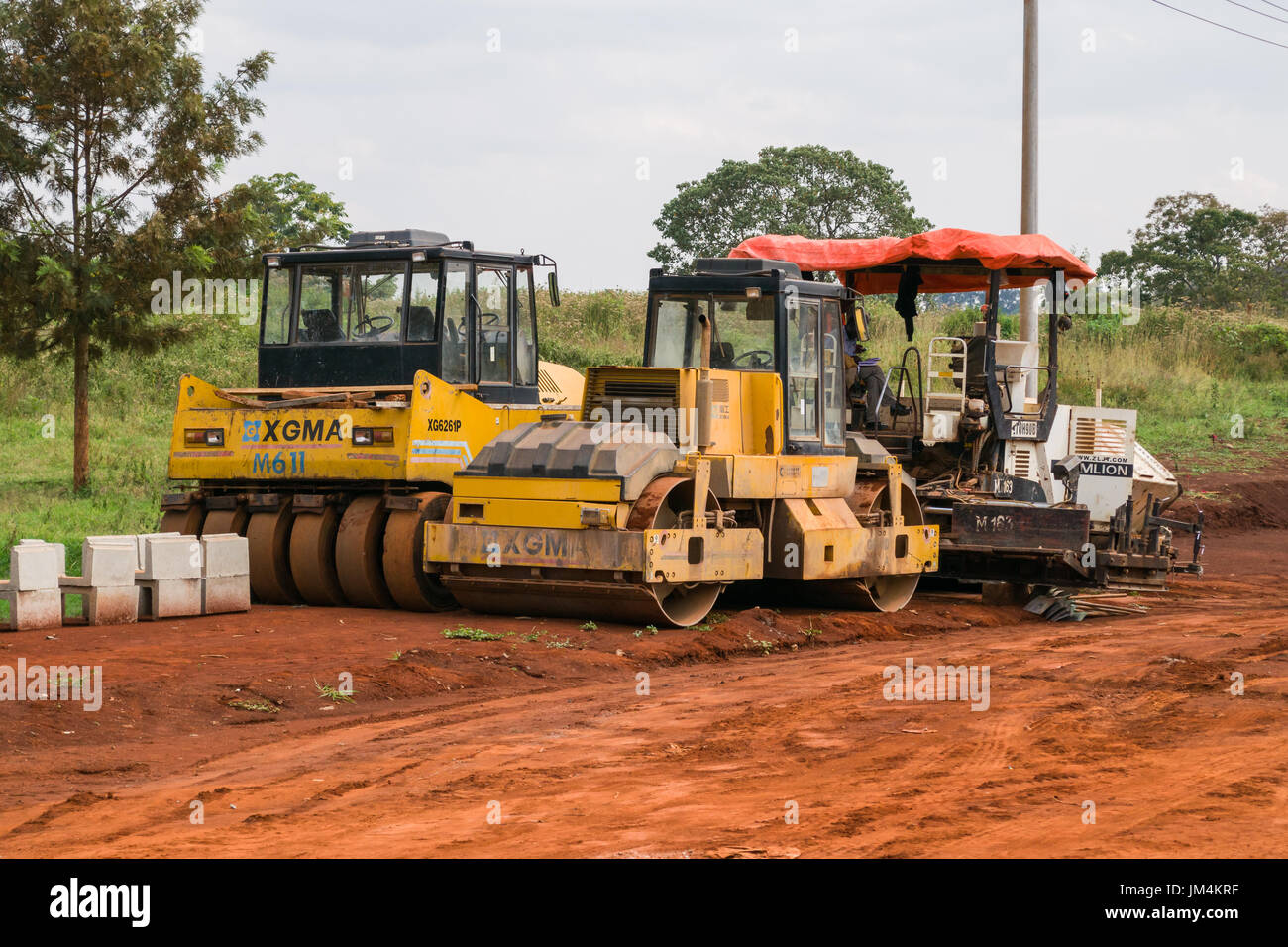 Construction Equipment Vehicles On Dirt Road Building Westlands Redhill Link Road, Nyari, Nairobi, Kenya Stock Photo