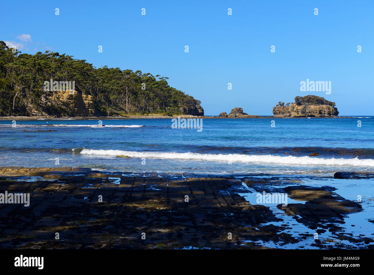 View across tessellated pavement to Clydes Island at Eaglehawk Neck on Tasman Peninsula, Tasmania, Australia Stock Photo