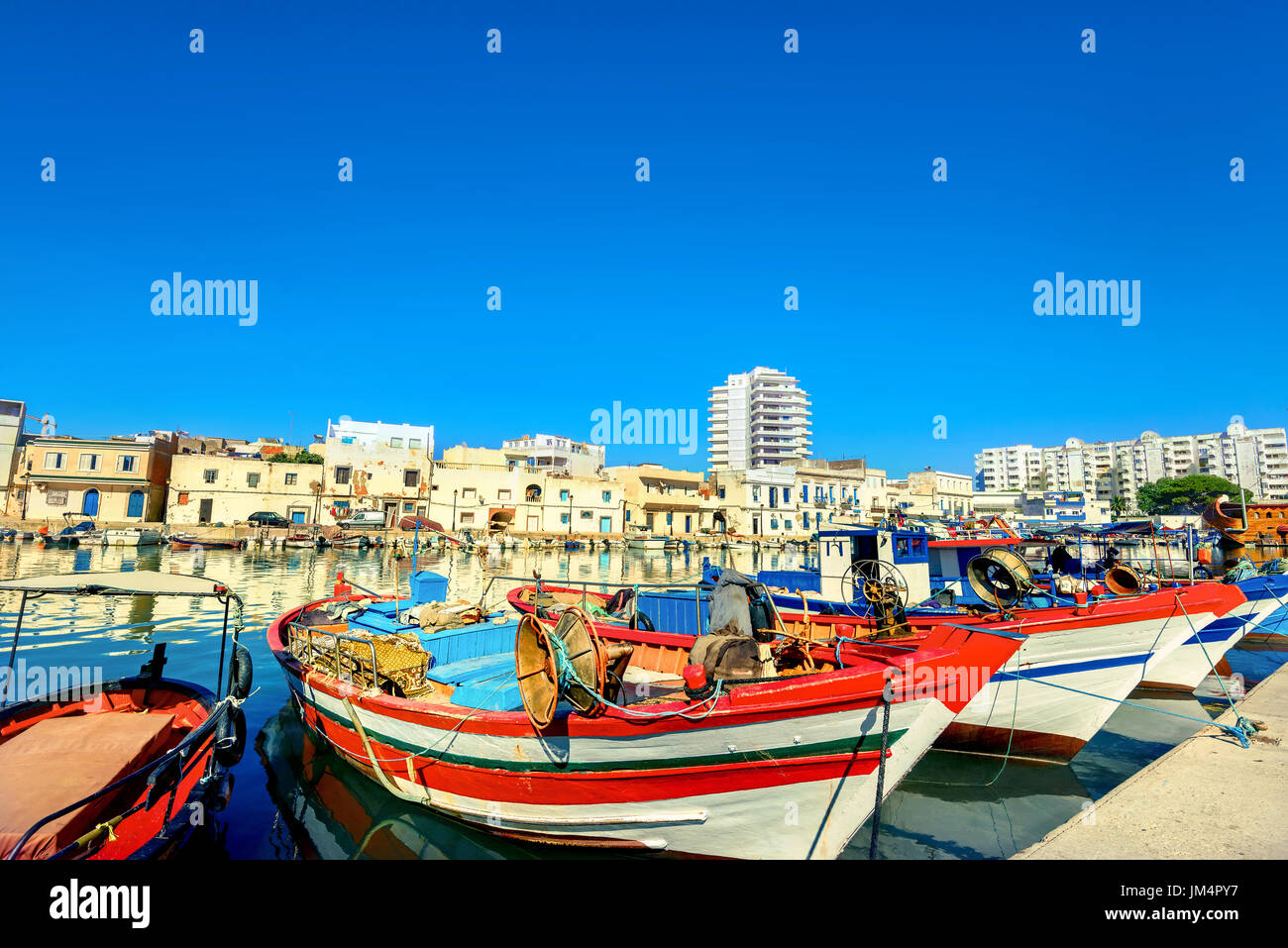 Scenic view of colorful fishing boats in Bizerte. Tunisia, North Africa Stock Photo